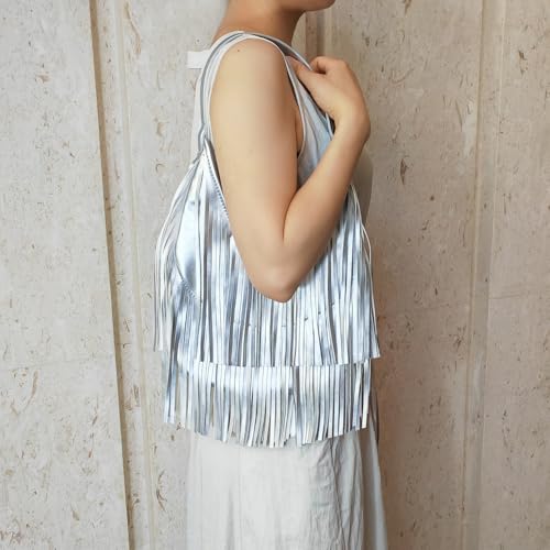 Fringe Hobo Shoulder Bag Vegan Leather Layered Tassel Women Purse Bags | layered tassel - color: Silver