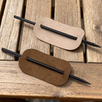 Leather Hair Barrette with Stick, 2 Pack Cream and Brown Faux Leather Ponytail Holder, 3.9 x 2 In Hair Clip with Stick for Buns Updos and Long Hair, Leather Hair Accessories for Women