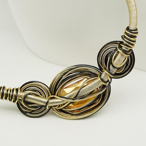 Chunky African Costume Necklace for Women - Colorful Ethnic Boho Bib Collar Choker,Tribal Wire Wrapped Big Stone Crystal Statement Handmade Jewelry - color: gold black
