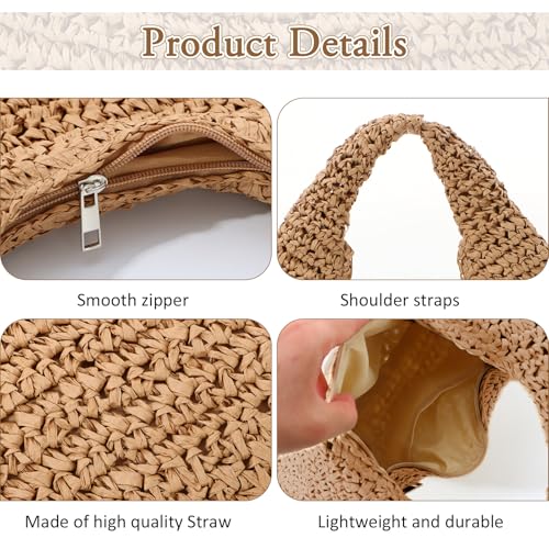 Fecialy Straw Bag for Women Crescent Shoulder Handbag Straw Summer Beach Tote Handbag Raffia Woven Hobo Bag - color: Brown