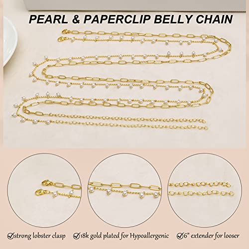 Honsny 2PCS 25-43Inch 18K Gold Plated Waist Chain Minimalist Pearl Belly Body Chain Gold Layered Sexy Bikini Body Chains Waist Jewelry for Women - color: B:papaerclip & Pearl, size: L(37-43INCH)