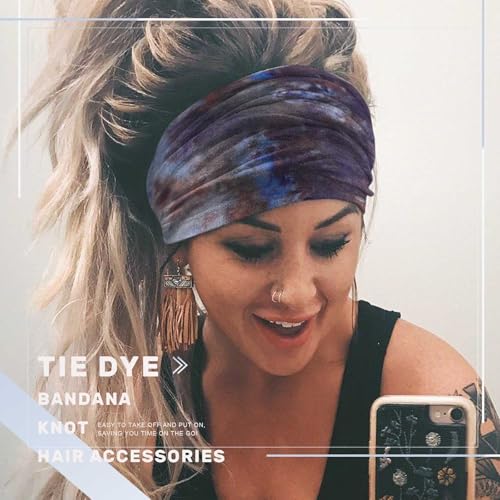 Acenail Wide Headbands Women Turban Knotted Headband Elastic Non Slip Boho Hairbands Tie Dye Hairband Bohemian Workout Head Wraps Yoga Hair Scarfs Fashion Hair Accessories for Women 4Pcs(#3 Tie Dye) - color: Tie Dye