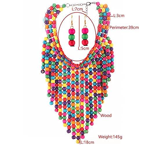 COLORFUL BLING Boho African Wooden Beaded Bib Statement Choker Necklace Long Multi Strand Chunky Layered Collar Tassel Necklace for Women Handmade Jewelry - color: yellow mix