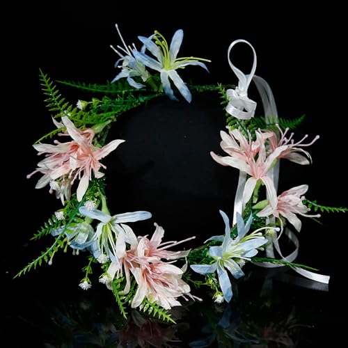 Boho Floral Crown for Women– Adjustable Faux Silk Flower Headband, Handmade Wedding Hair Accessory for Festivals & Photoshoots, Flower Hair Crown for Women (Pink Blue Flower Leaf, Adjustable) - color: Pink Blue Flower Leaf