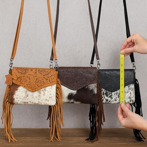 Genuine Cowhide Crossbody Purse - Tooled Leather Fringe Bag for Women - Western Shoulder Handbag Rodeo Style - color: Dk Brown