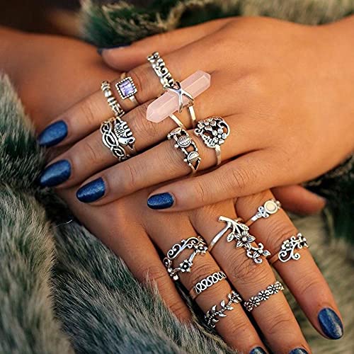 17 MILE 82 Pcs Vintage Silver Knuckle Rings Set for Women, Bohemian Stackable Joint Finger Rings, Retro Stone Crystal Stacking Midi Rings Pack - color: Silver