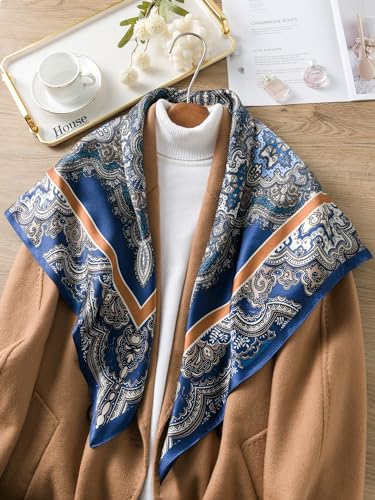 SHIROUYU 100% Pure Mulberry Silk Scarf 35" Large Square Lightweight Headscarf –Women’s Hair Wraps The shawl-With Gift Packed - color: Blue-totem