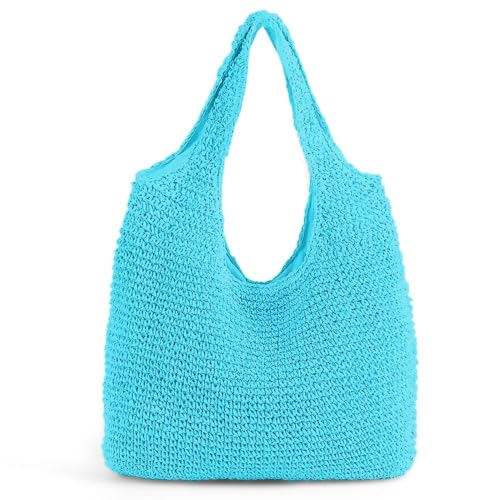 Hand-woven Soft Large Straw Shoulder Bag Boho Straw Handle Tote Retro Summer Beach Bag Rattan Handbag - color: Blue