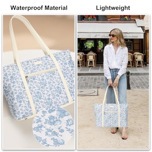 Laptop Tote Bag for Women 17 Inch, Teacher Work Bag with Compartments Business Laptop Bag With 15 Pockets Work Tote Bag - color: Blue Flower-1pcs