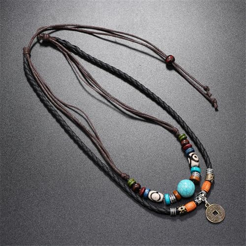 Leather Necklace with Stainless Steel Pendant for Men Women, Vintage Hemp Rope Tribal Choker Necklaces Adjustable 18-30 inch, Clasp-Free Long Necklace - color: Boho Coin Pendant