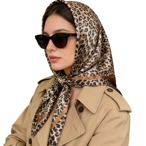 IZUS Women Fashion Leopard-Head-Scarf 35 inch-Large-Square Hair-Scarves Silk-Satin-Like Neck-Bandana Sleeping-Head-Wraps - color: Leopard-light Khaki