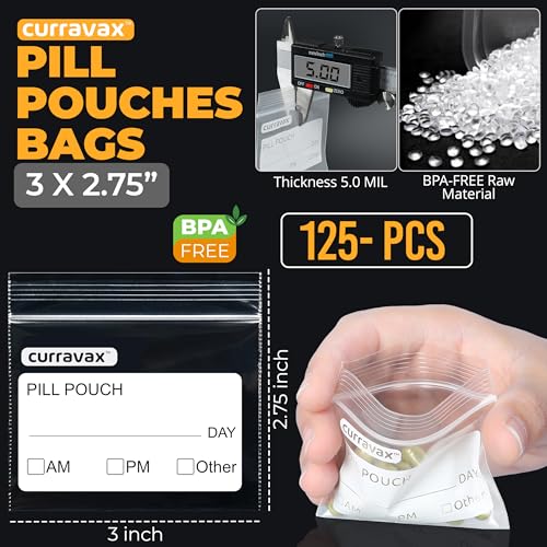 CURRAVAX Pill Pouch Bags for Travel Pack of 125- BPA Free 3 x 2.75 inch Pill Pouch - Pill Pouches for Medicine with Write on Label –Clear Ziplock Pill Baggies for Medicine Organizer - size: Pack of 125