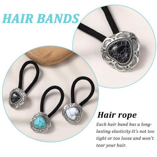 Ouligay 3 Pcs Western Ponytail Holders,Metal Boho Hair Ties with Turquoise,Boho Hair Ties Bracelet Hair Ties No Damage,Vintage Heart Hair Ropes,Silver Hair Bands,Hair Accessories for Women Girl