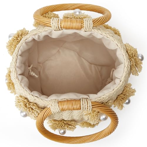 Summer Straw Bag for Women Pearl Flower Bucket Tote Bag Diamond Handbag Hand Woven Rattan Shell Purse Drawstring - color: B-beige