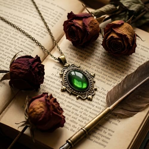 Gothic Vintage Gem Pendant Necklace | Victorian Style Filigree Silver-Tone Jewelry | Ideal Gift for Party Cosplay & Daily Wear - color: Vintage Green
