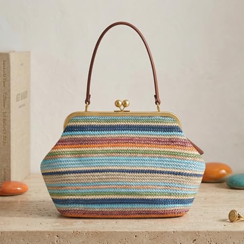 Kiss Lock Woven Bag, Large Capacity Straw Rainbow Handbags for Vacation Travel Shopping, Summer Straw Shoulder Bags - color: Style 1