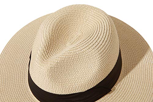 Lanzom Women Wide Brim Straw Panama Roll up Hat Fedora Beach Sun Hat UPF50+ - color: 01-fold Belt Khaki, size: One Size-Small