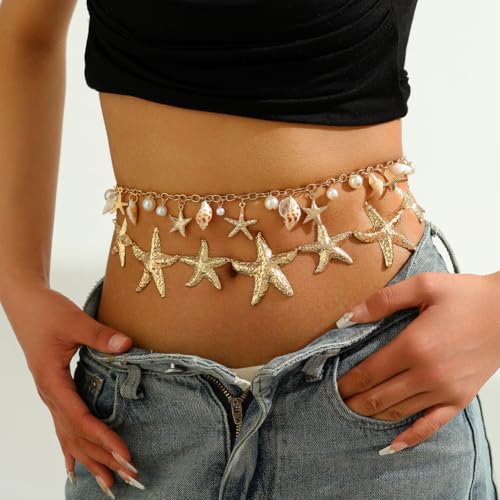 Seashell Starfish Waist Chain for Women Boho Conch Belly Body Chains Summer Beach Pearl Waist Body Jewelry