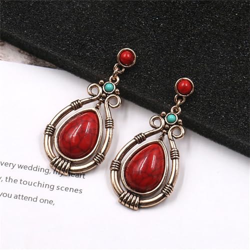 Handmade Teardrop Turquoise Earrings Necklace Set for Women Bohemia Tribal Antique Ethnic Style Earring Delicate Teardrop Gemstone Dangle Drop Statement Earrings Western Jewelry - color: Red Turquoise Choker Necklace