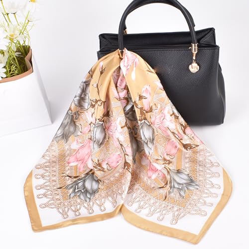 27.5 Inches Silk Head Scarf for Women Satin Hair Scarf Silk Wrap Neck Square Scarves Feeling Scarf Boho Headwear - color: Brown-azalea