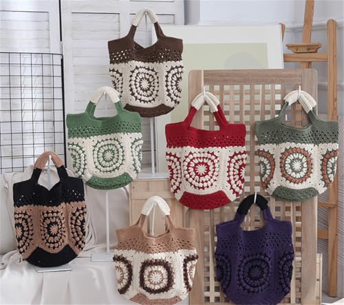 Womens Summer Boho Crochet Beach Tote Bag Handmade Woven Handbag Large Travel Vacation Shopper Straw Purse - color: Dark Green