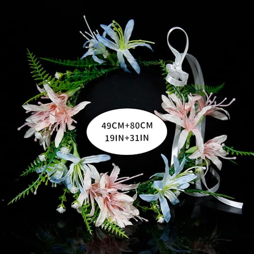Boho Floral Crown for Women– Adjustable Faux Silk Flower Headband, Handmade Wedding Hair Accessory for Festivals & Photoshoots, Flower Hair Crown for Women (Pink Blue Flower Leaf, Adjustable) - color: Pink Blue Flower Leaf