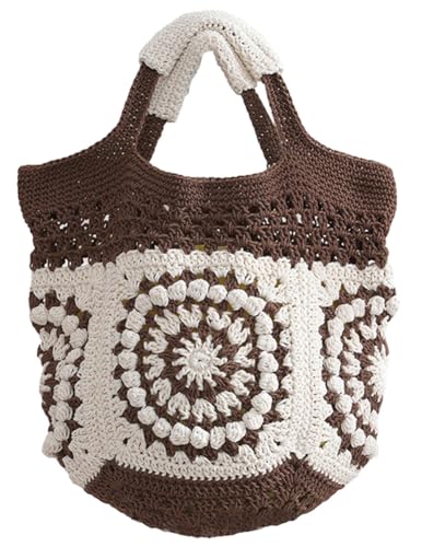 Womens Summer Boho Crochet Beach Tote Bag Handmade Woven Handbag Large Travel Vacation Shopper Straw Purse - color: Brown