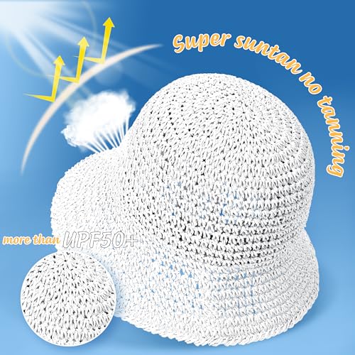 Rulala Fancy Womens Sun Hat Handmade Straw Bucket UV Protection Wide Brim Packable Travel Summer Cap for Beach UPF 50+ - color: White