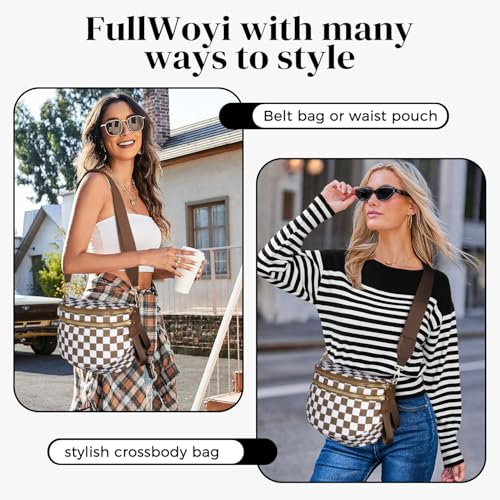 Spacious Nylon Checkered Crossbody Bum Bag for Women, Fashion Checkerboard Fanny Pack Purse with Anti-theft Pocket, Adjustable Wider Strap Wasit Bag (White-Brown) - color: White-brown