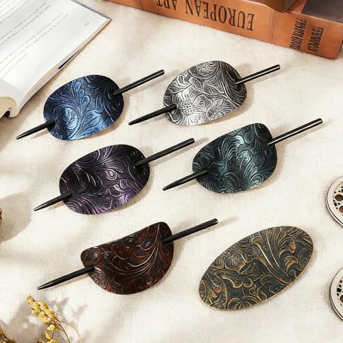 cobee 6 Pcs Leather Hair Barrettes with Stick, Handmade Hairpin Ponytail Holders Bohemian Hairs Barrette with Wood Slide Stick Square Shape Hair Accessories for Women