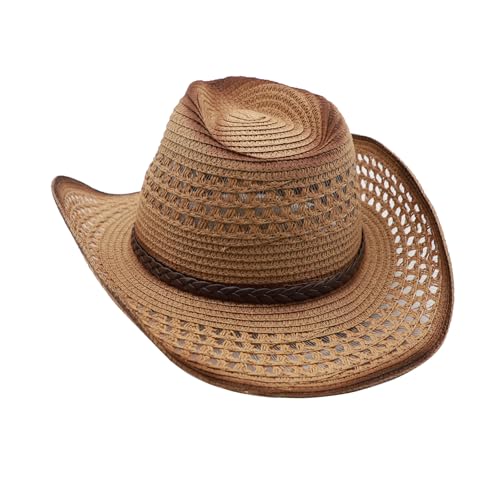 Straw Cowgirl Hat for Women Cowboy Hats for Men Wide Brim Sun Hat Shapeable Western Hat Beach Hat - color: Khaki-coffee