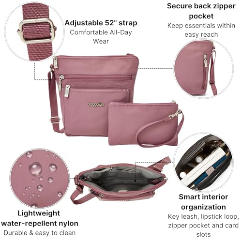 Baggallini Pocket Crossbody Bags for Women 8x8 Small Lightweight Durable Water-resistant Travel Purse W/Rfid - color: Dusty Mauve