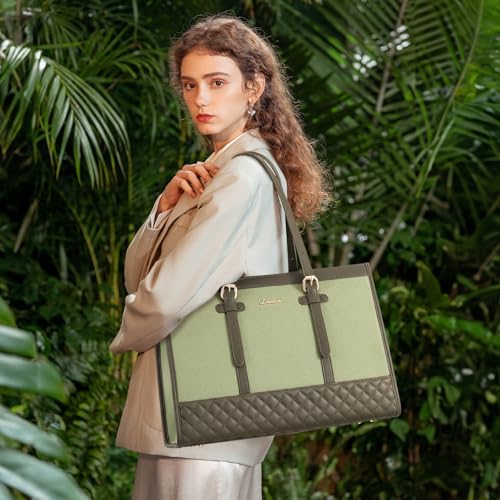 LOVEVOOK Laptop Bag for Women 15.6 inch Canvas Laptop Tote Bag, Large Capacity Work Bag with Clutch Purse, Computer Bag Office Business Briefcase, Casual Handbag for Travel College Teacher School - color: Moss Green, size: 15.6 inch