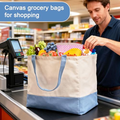 Reusable Grocery Bags Heavy Duty, 8.3 gal Foldable Large Canvas Tote Bag with Handles, Holds 60 lbs Canvas Shopping Bags, 1 Pack（Off White+Light Blue） - color: [A1] Off White / Light Blue, size: 1 Pack