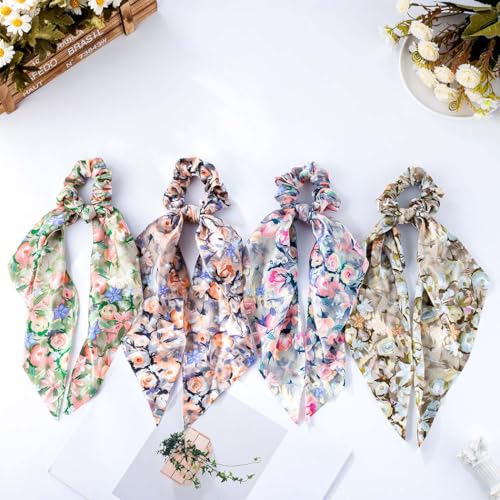 Boho Hair Scarf Scrunchies for Women Bow Hair Ties Floral Hair Scrunchies Silk Elastic Ponytail Holder Hair Accessories for Girls 4 pcs (Flower-4) - color: Flower-4