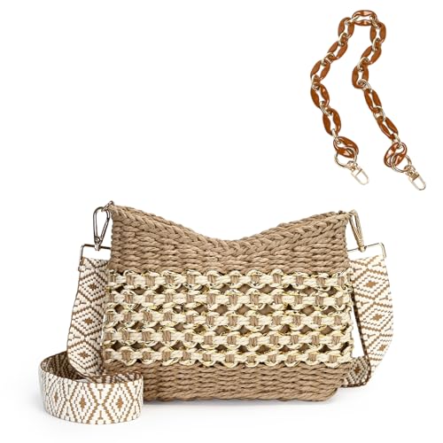 Herald Small Summer Crossbody Bags for Women, Beach Handmade Straw Woven Pocketbooks Handbag Shoulder Purse - color: Coffee With Gold Thread