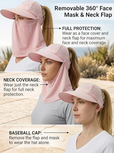 Outdoor Wide Brim Sun Hat Visor for Women, Detachable Face & Neck Cover, Hiking Gardening UPF 50+, Ponytail Friendly - color: Pink