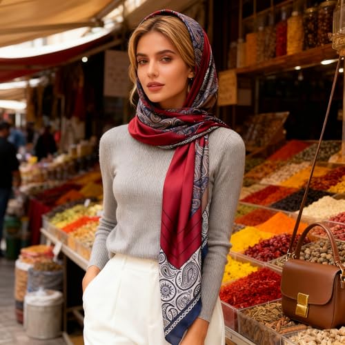 XL 43 Inch Extra Large Square Scarf Fashion Scarves Silk Feeling Hair Scarf Wrapping Scarfs Night Sleeping Headscarf - color: Ba1020