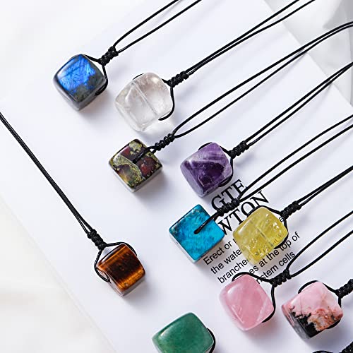 Runyangshi Natural Crystal Quartz Square Pendant 0.59"-0.78"(1.5-2cm) Tumbled Polished Stones Necklace Meditation Reiki Energy for Men Women Hand-Woven Rope Gift (Lapis Lazuli) - color: Lapis lazuli