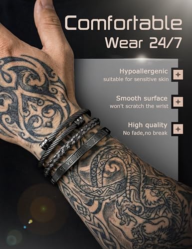 YADOCA 3 Pcs Stainless Steel Bracelets for Men Gold Silver Black Men Bracelet Adjustable Cuff Roman Numeral Bangle Bracelets Mens Luxury Bracelet Set Jewelry Gifts Trendy Gold Accessories - color: C:Black-1