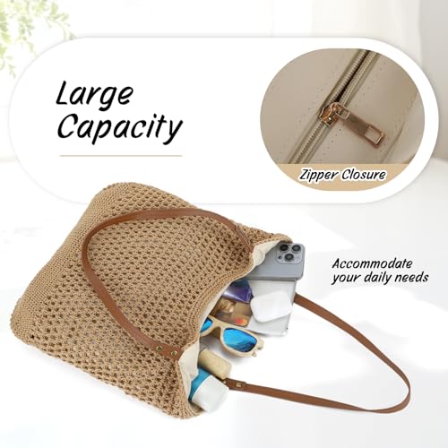 Oweisong Beach Bags for Women Woven Crochet Summer Purse 2026 | Boho Tote Bag, 13.8" Large Capacity, Tote Bag with Zipper, Foldable Packable, Beach Shipping, Vacation Purse - color: Brown