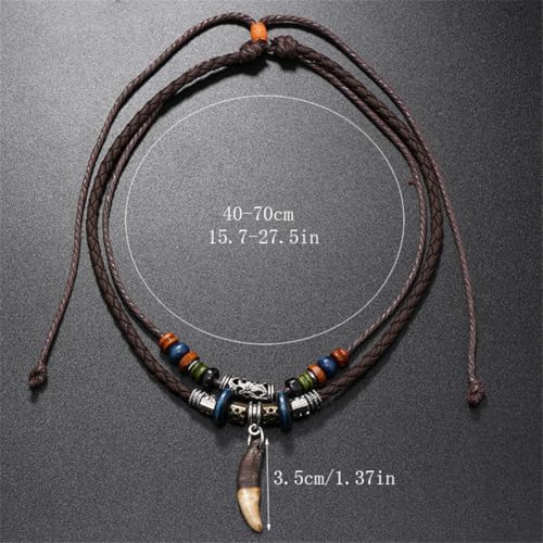 Leather Necklace with Stainless Steel Pendant for Men Women, Vintage Hemp Rope Tribal Choker Necklaces Adjustable 18-30 inch, Clasp-Free Long Necklace - color: Boho Teeth Pendant