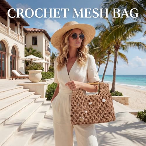 Women Crochet Woven Mesh Handbag Summer Seaside Beach Vacation Straw Tote Purse Wedding Party Gift - color: Brown