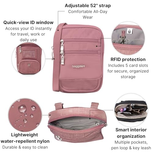 Baggallini Journey Crossbody Bags for Women 9x6 Small Lightweight Travel Handbag W/RFID - color: Dusty Mauve
