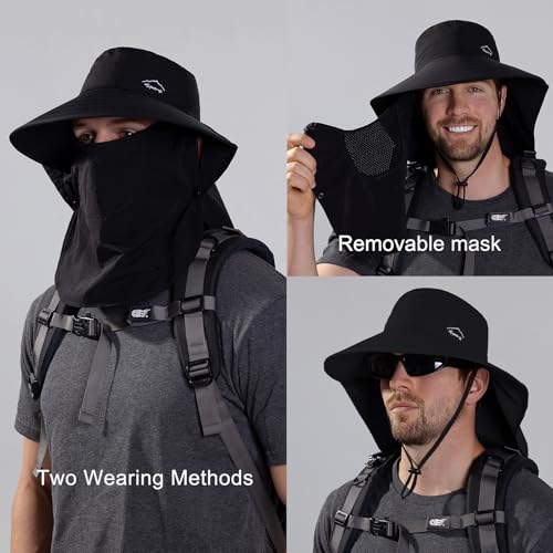 Sun Hat for Men Women with Neck Flap,UPF 50+ UV Protective Hiking Fishing Hats,Wide Brim Sun Hat for Women&Men - color: 1pack-style2-black(with Face Cover)