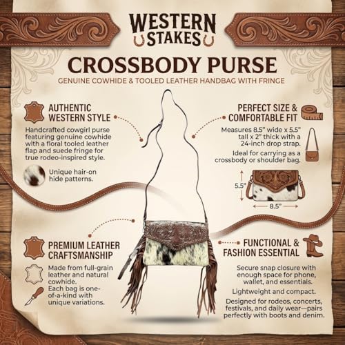 Genuine Cowhide Crossbody Purse - Tooled Leather Fringe Bag for Women - Western Shoulder Handbag Rodeo Style - color: Dk Brown