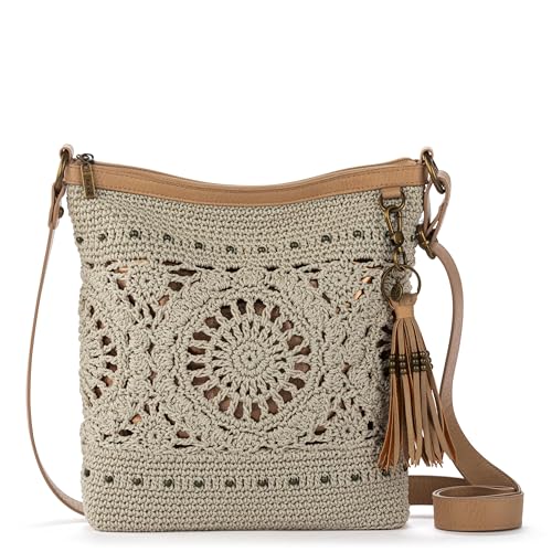 The Sak Lucia Crossbody Bag in Crochet, Convertible Purse with Adjustable Shoulder Strap - color: Natural Grey Medallion