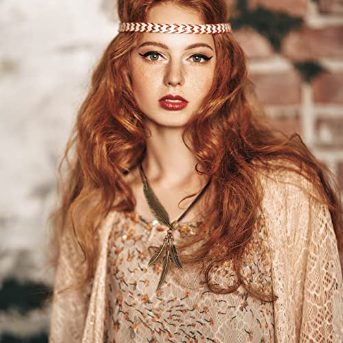 Huquary 8 Pcs Boho Long Necklaces for Women Vintage Wooden Necklaces Handmade Hippie Faux Leather Cord Sweater Jewelry