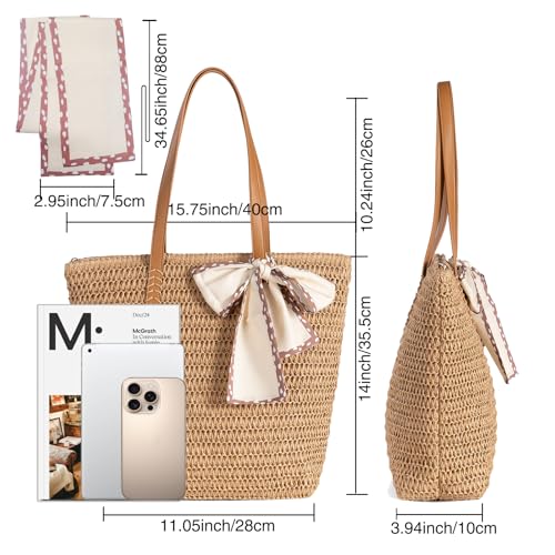 Large Straw Beach Bag: Women's Handwoven Tote with Zipper Pocket - Lightweight Summer Purse for Travel & Work - color: Brown