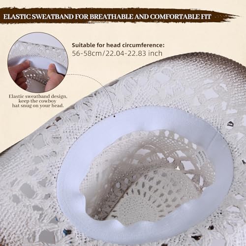Straw Cowboy Hat for Men Womens Straw Cowgirl Hat Summer Western Cowboy Hats with Wide Brim for Cowgirls and Cowboys - color: White